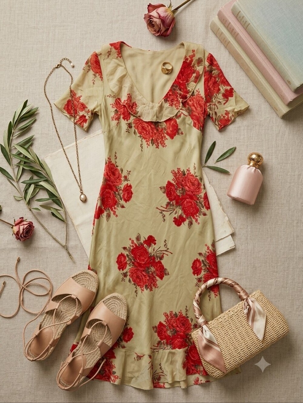Chelsea & Violet Silk Beige Red Floral Rose Beaded Midi Dress